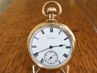 Solid 9ct Gold Elgin 17 Jewel Open Face Pocket Watch In Good Order