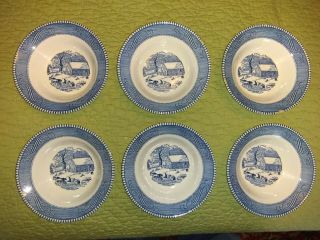 Set Of 6 Blue & White Currier And Ives Royal China 6 1/4 " Cereal Bowls