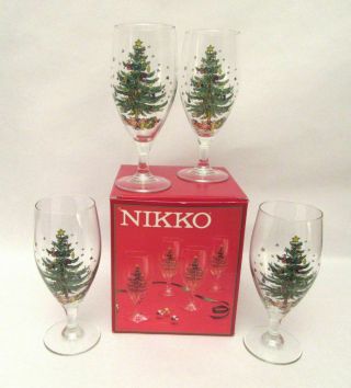 Nikko Christmastime Happy Holidays 16 Oz Stemmed Beverage Glasses Set Of 4 Nib