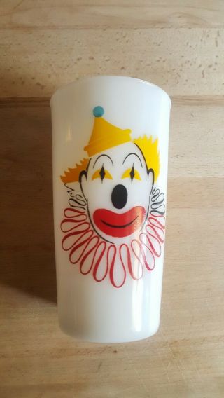 Rare Vintage Hazel Atlas White Milk Glass Clown Tumbler Drinking Glass