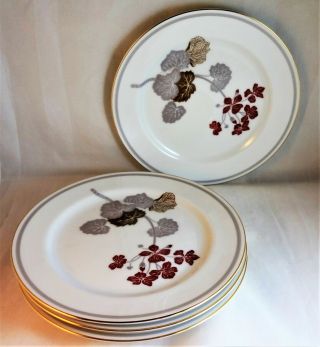 Geranium Noritake Salad Or Dessert Plates (set Of 4) Pattern 4974 Maroon Gray