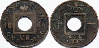 1863,  1866 Hong Kong 1 Mil Copper Coins - 2 Coins