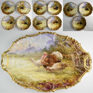 21” Antique Hand Painted Limoges Turkey Platter / Plate Set Sc - 13