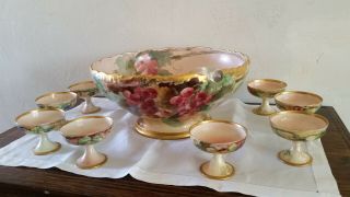 Haviland Limoges 14 " Hand Painted Punch Bowl Set 1913 - 1914 Great Christmas Gift