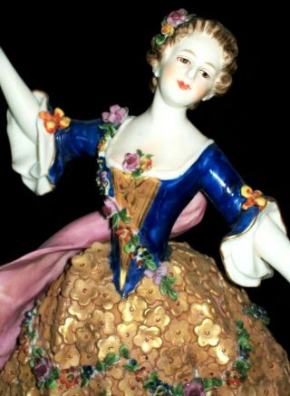 Antique German Dresden Lady Dancer Flowers Cobalt Blue & Gold Porcelain Figurine