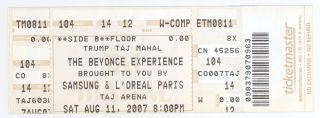 The Beyonce Experience 8/11/07 Atlantic City Nj Trump Taj Arena Concert Ticket