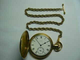 Stunning 1929 Vintage Gold Plated Elgin Hunter Pocket Watch With Chain & Box