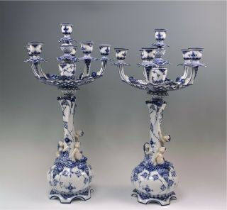 Pair Extremely Rare Royal Copenhagen Blue Fluted Full Lace 21 " 6 - Arm Candelabra