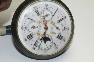 Antique Pocket Watch Multi Dial Moon Phase Blued Metal 64mm Case