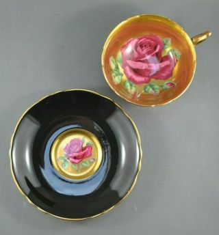 2 PARAGON LARGE FLOATING RED ROSE - GOLD & BLACK - WIDE MOUTH TEA CUP & SAUCER 2