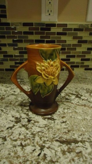 Vintage Roseville Pottery USA Water Lily Double Handled Vase 75 - 6 3