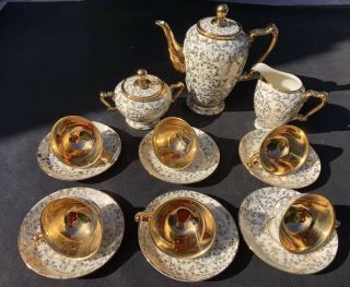 Jkw Carlsbad German Porcelain 17 - Piece Coffee Tea Set With Gold Gilt For Six