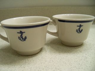 Set Of 2 Vintage Homer Laughlin China Navy Fouled Anchor Cups Blue & White
