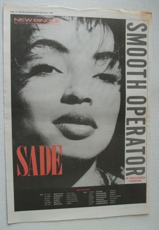 Sade - Smooth Operator,  Uk Dates 1984 - Music Press Advert Poster 16 X 12 In