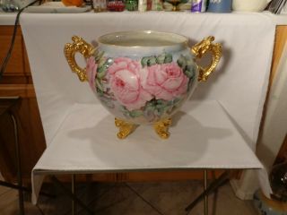 Bernardaud & Company Limoges Hp Pink Red Roses Gold Large 17 " Footed Jardiniere