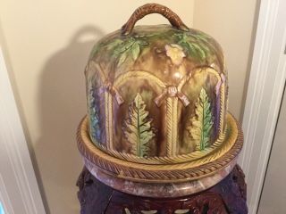 Large Victorian Forester Majolica Cheese Bell Dome & Platter Circ 1870