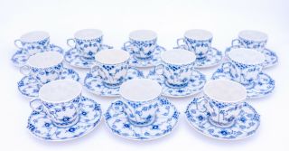 12 Cups & Saucers 1035 - Blue Fluted Royal Copenhagen Full Lace - 1:st Quality