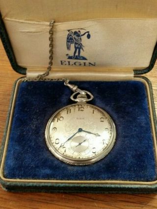 Antique Elgin 17 Jewels White Gold Pocket Watch With Chain