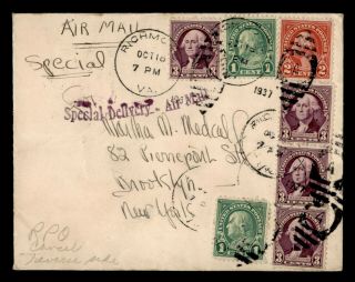 Dr Who 1937 Richmond Va Special Delivery Airmail Rpo Cancel On Back E86822