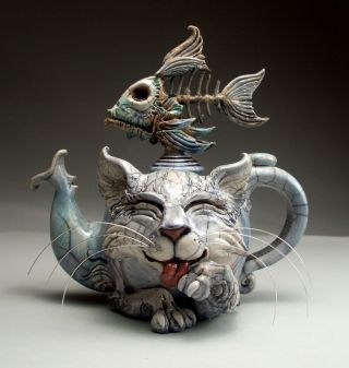 Hungry Cat Teapot Folk Art Pottery Sculpture By Face Jug Maker Mitchell Grafton
