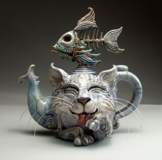 Hungry Cat Teapot folk art pottery sculpture by face jug maker Mitchell Grafton 2