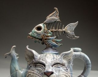 Hungry Cat Teapot folk art pottery sculpture by face jug maker Mitchell Grafton 3
