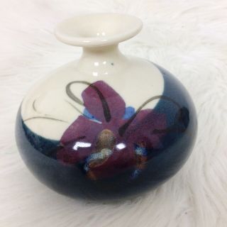 Kent Follette Signed Art Studio Pottery Vase Glazed Blue Cream Maroon Floral