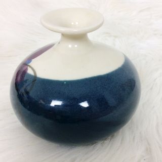Kent Follette Signed Art Studio Pottery Vase Glazed Blue Cream Maroon Floral 3