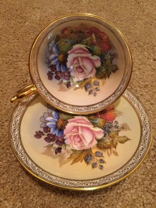 Aynsley Signed Ja Bailey Tea Cup & Saucer Cabbage Roses Floral