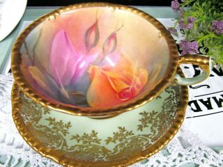 Rare Paragon Tea Cup And Saucer Painted Roses Artist Signed Teacup Gold Gilt