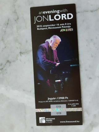 Jon Lord (deep Purple) Ticket Budapest Show 2010