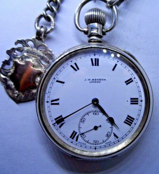 A Very Good Silver Pocket Watch,  By Benson With Silver Albert,  & Fob 1949
