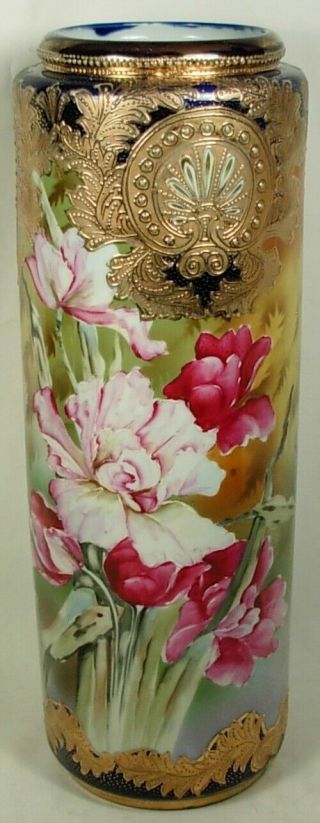 Hand Painted Flowers Nippon Large Heavy Vase 14 1/4 " Tall Gold Gild
