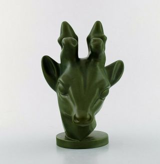 Axel Salto For The Ipsens Widow.  Art Deco Deer Head In Dark Green Glaze