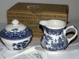 Vintage Churchill Blue Willow Creamer & Sugar Set Bowl / England Nib
