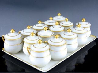 Very Elegant Fine Set Of 15 Raynaud Limoges French Porcelain Pot De Creme W Tray