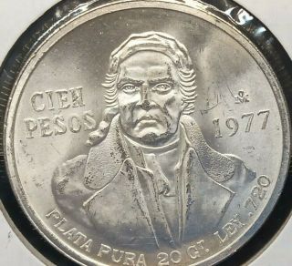 1977 Mo Mexico 100 Pesos Silver Uncirculated Coin,  Jose Morelos