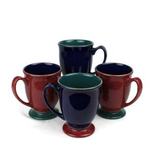 4 Vintage Denby Harlequin Footed Stoneware Coffee Mugs - Blue,  Green,  Red,  Disc.