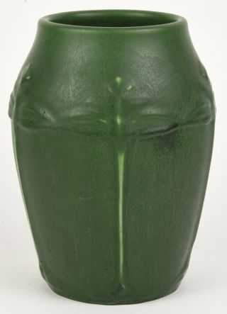 Hampshire Pottery Matte Green Arts And Crafts Vase Decorated With Flowers