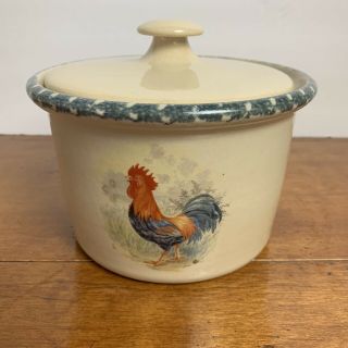 Home And Garden Party Crock With Lid Rooster October 2000 Handmade Usa