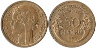1944 French West Africa 50 Centimes Coin Km 1 One Year Type