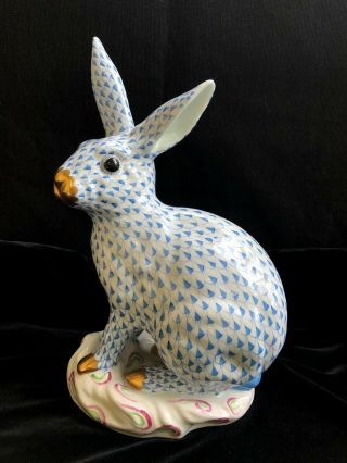 Herend Large Rabbit Blue Fishnet Bunny With Decorated Base 5334