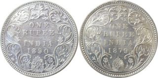 Victoria Empress Silver Rupee 2 coins 1879 & 1890 Bombay UNC Scarce EA38 2