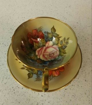 Aynsley J A Bailey Cup & Saucer Cabbage Roses Floral Gold Teacup Signed 2