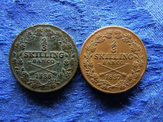 Sweden 2/3 Skilling 1836 Corroded,  1837 Cleaned,  Km641