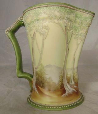 NIPPON OLD NORITAKE WHITE WOODLAND MORIAGE PITCHER BLUE M IN WREATH 7 