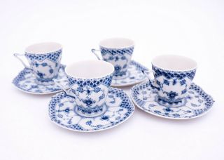 4 Cups & Saucers 1036 - Blue Fluted Royal Copenhagen - Double Lace 1:st Quality