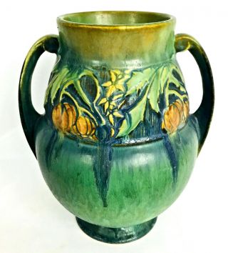 Roseville Pottery 9 1/2 " Green Baneda 596 - 9 Handled Vase Circa 1933