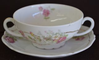 O.  & E.  G.  Royal Austria Two Handle Cup And Saucer Pink Flowers Teacup