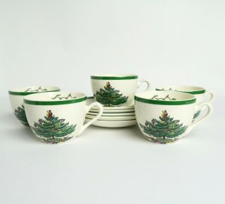Set Of 5 Spode Christmas Tree Tea Cups And Saucers Made In England Green Trim